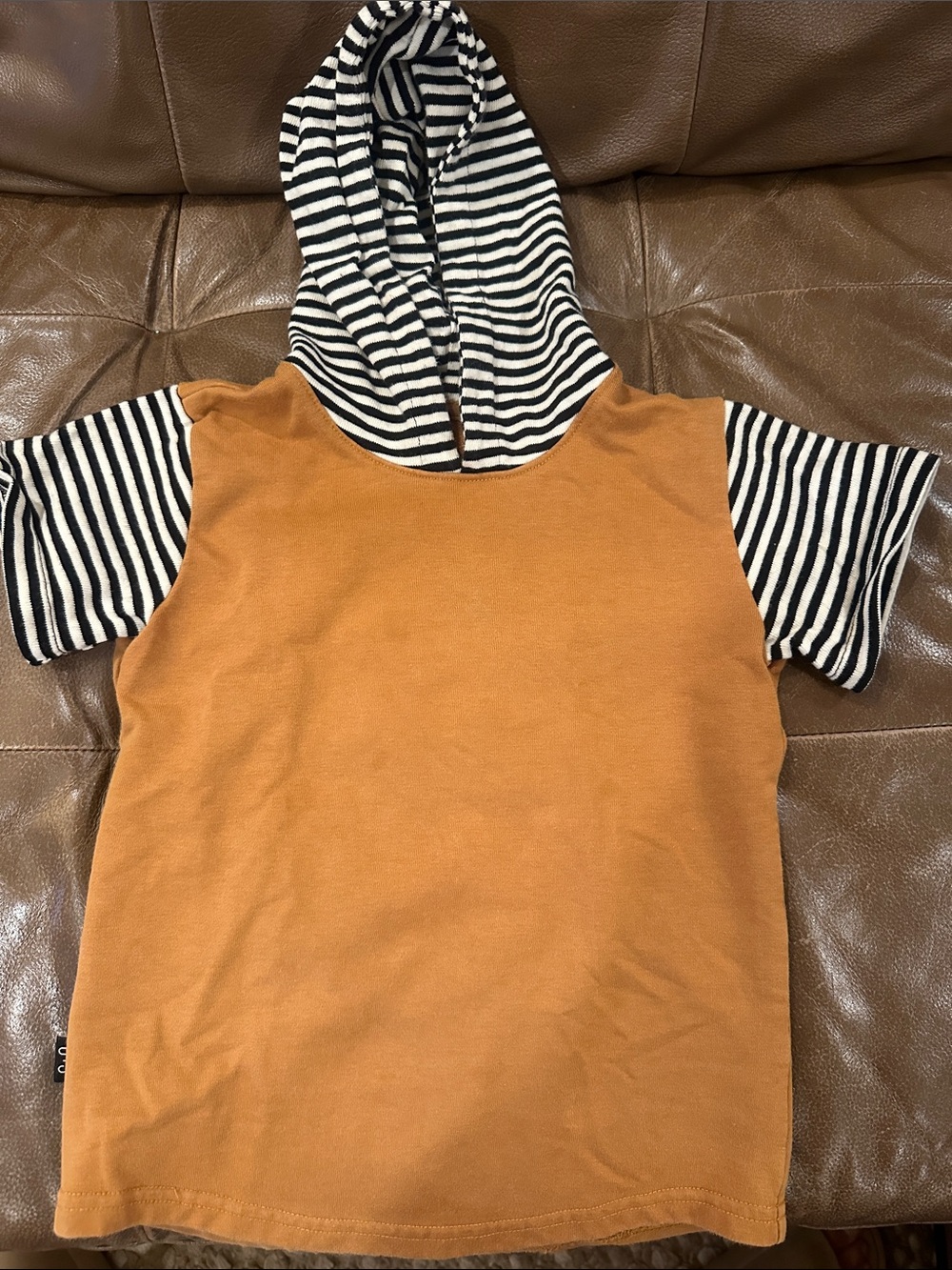 Olive & Scout Kids Hooded Short-Sleeve Tee in Mustard with Striped Hood